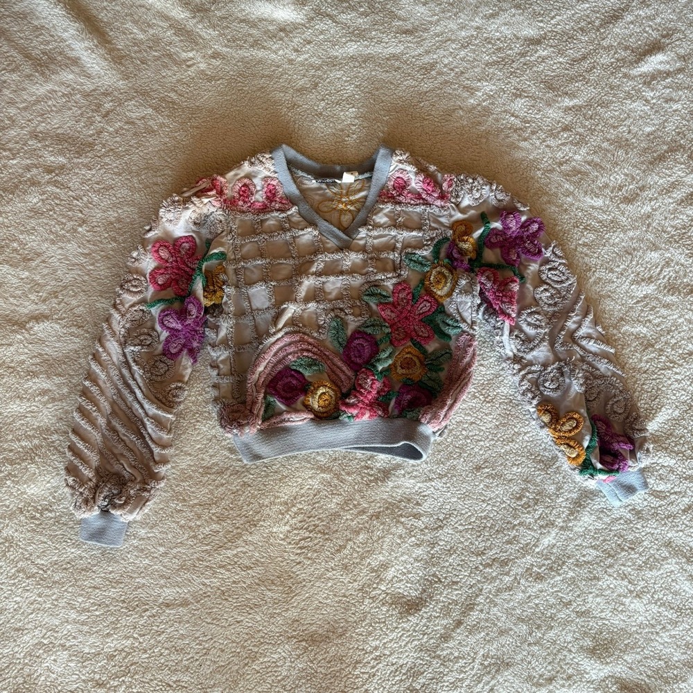 Damze San Diego Floral Embroidered Tufted Cropped Sweatshirt Blue‎ V-Neck Medium